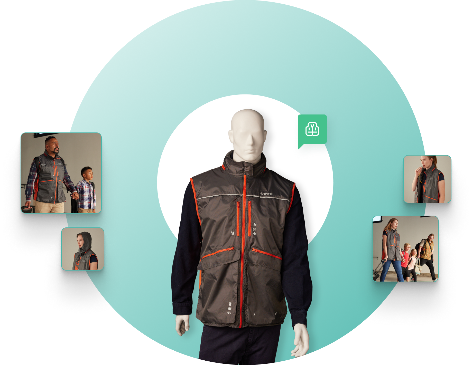 Perci Vest on a rotating mannequin in the center surrounded by four images of real people evacuating while wearing Perci vest