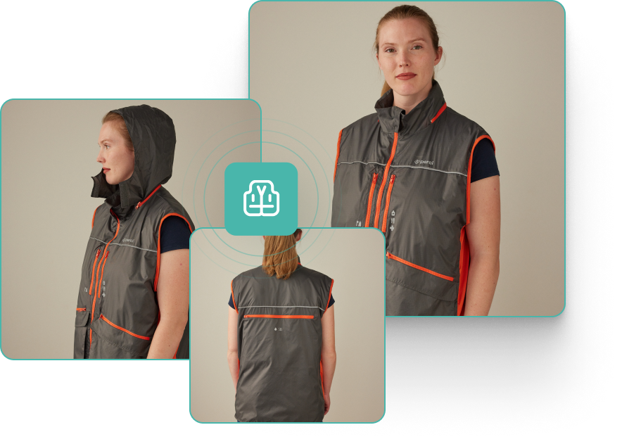 Perci evacuation Vest on a young woman with view from the front, back and side showcasing a stylish charcoal colored apparel