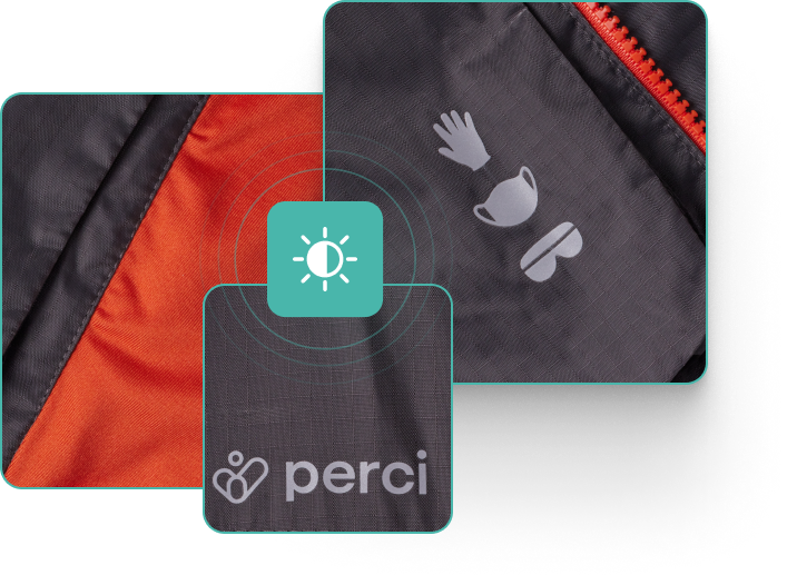 Perci evacuation Vest close-up showing gray reflective icons and logos for high visibility during a disaster